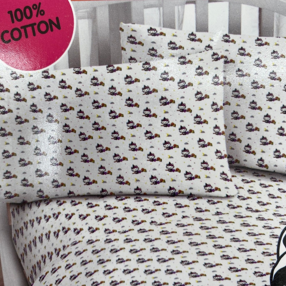 Hello Kitty Sheet Set QUEEN White Halloween Witch Cotton Sanrio Spooky Pumpkin - Picture 3 of 11